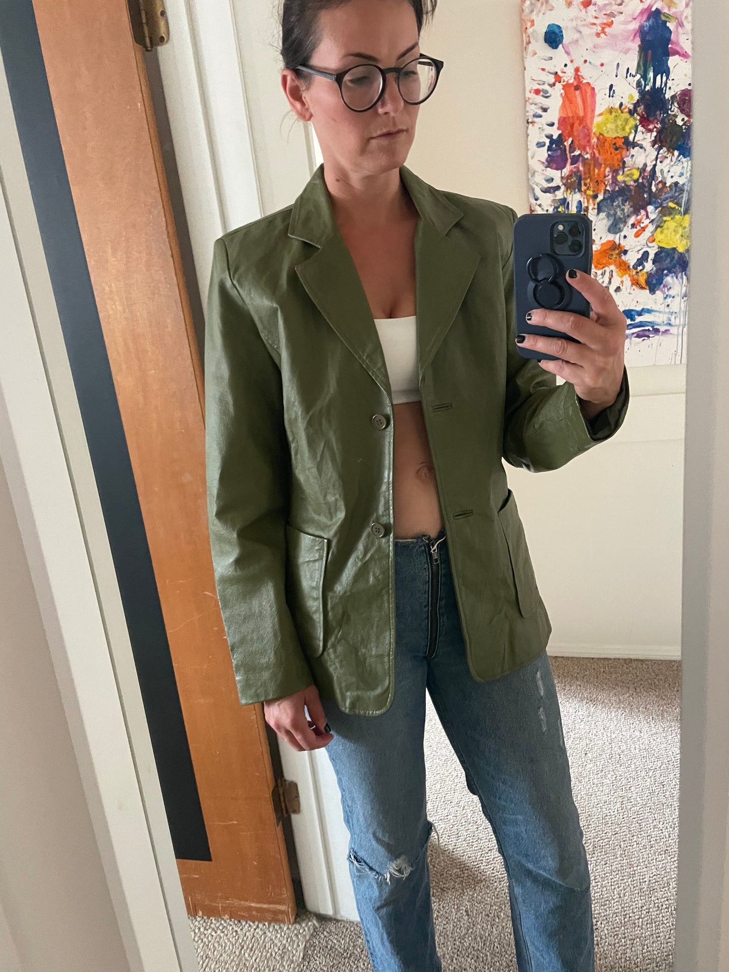 PORTER Green Leather Jacket by MetroStyle tag size L