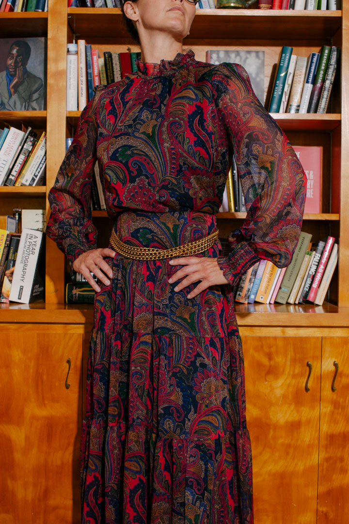 PORTER Paisley High Neck Sheer Top and Maxi Skirt Set by Ralph Lauren size M