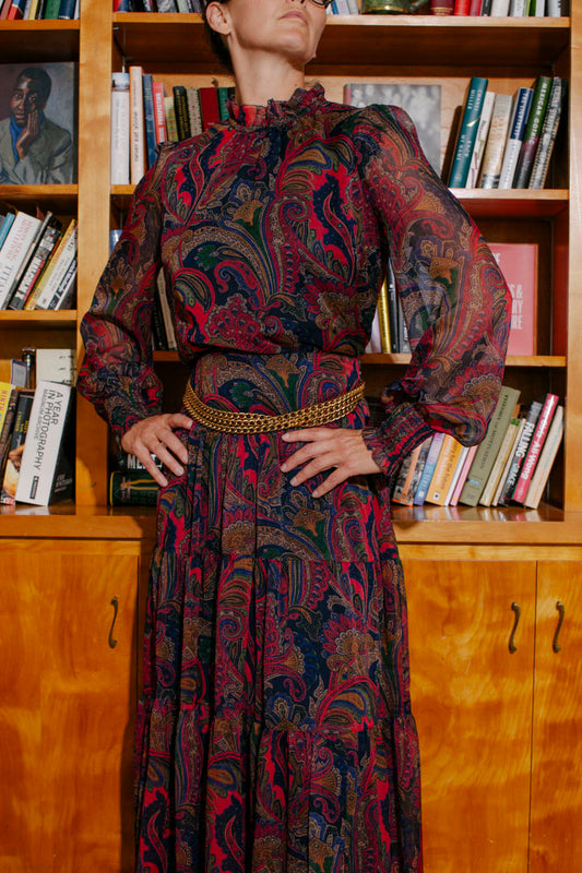 PORTER Paisley High Neck Sheer Top and Maxi Skirt Set by Ralph Lauren size M