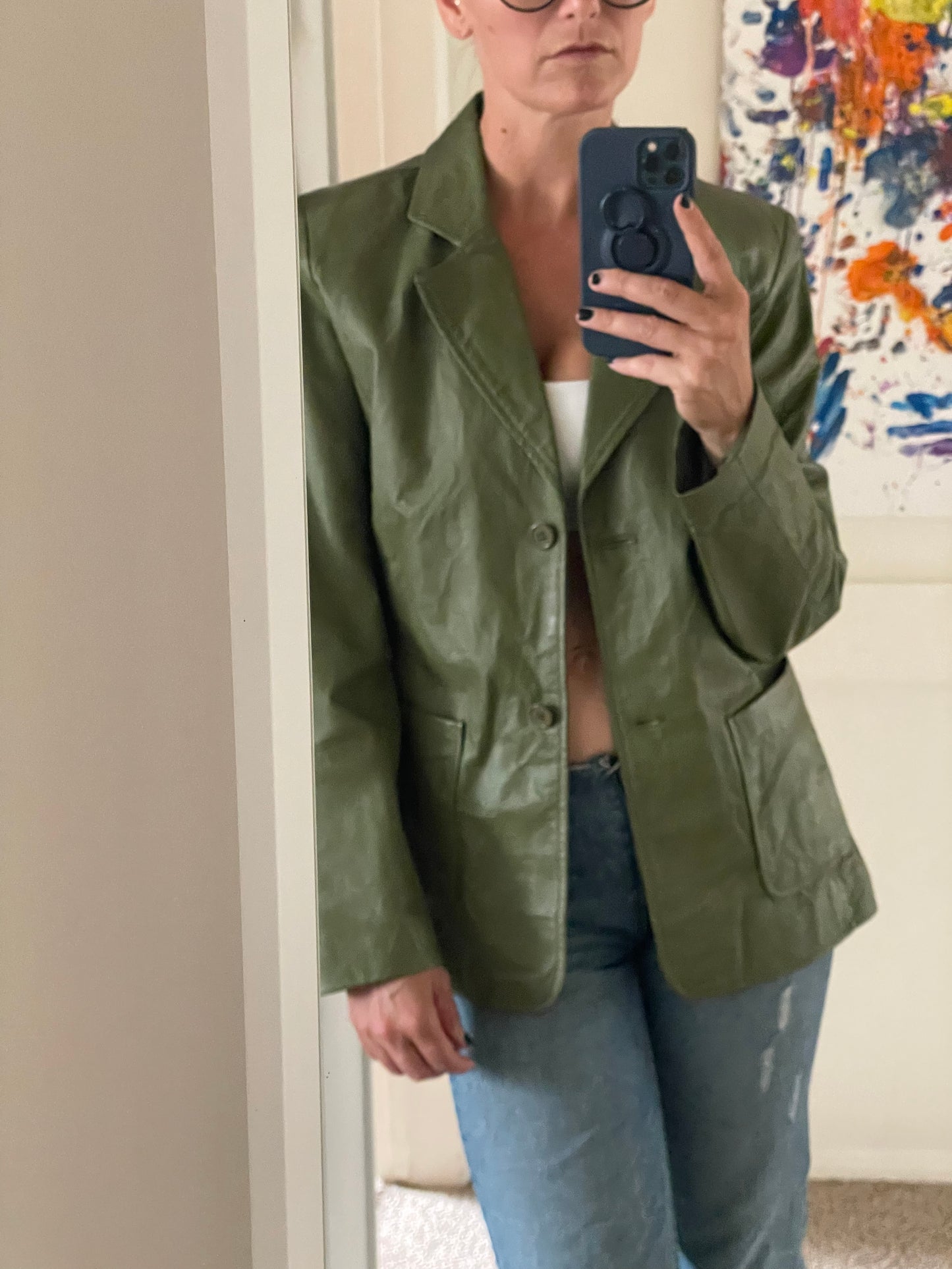 PORTER Green Leather Jacket by MetroStyle tag size L