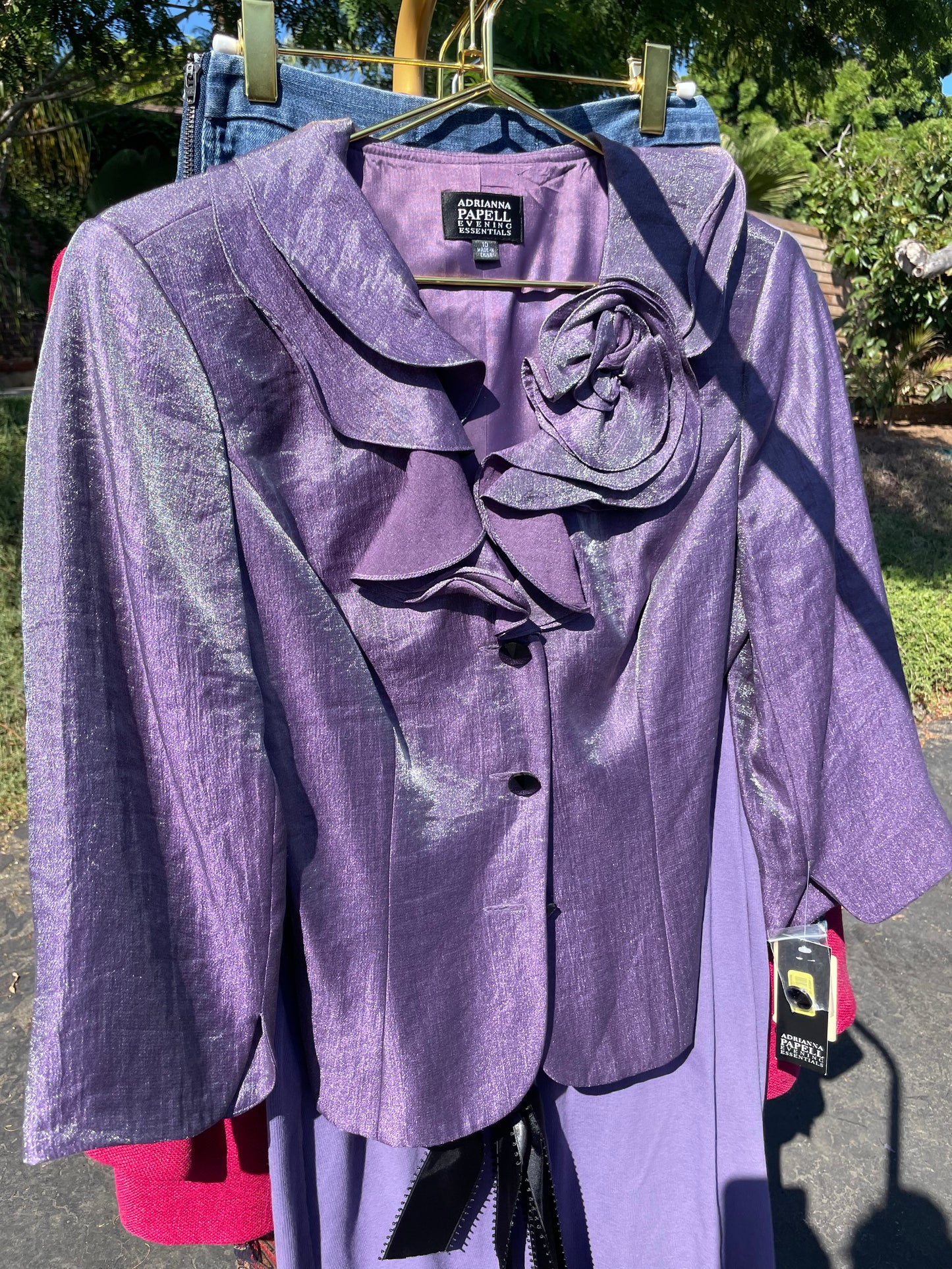 PORTER Silk Organza Purple Metallic Ruffled Top Jacket with Black Ribbon Tie waist size 10