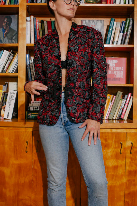 PORTER Collectable HEAVY Red and Black Beaded Custom Jacket Size S-L