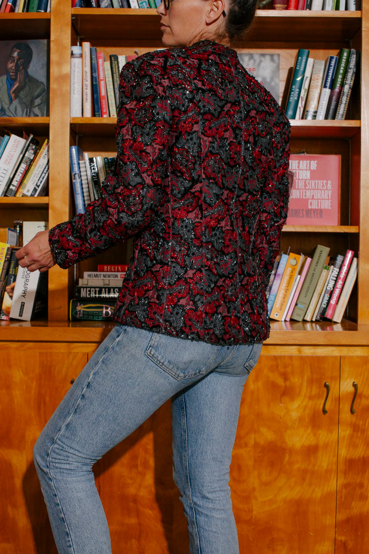 PORTER Collectable HEAVY Red and Black Beaded Custom Jacket Size S-L