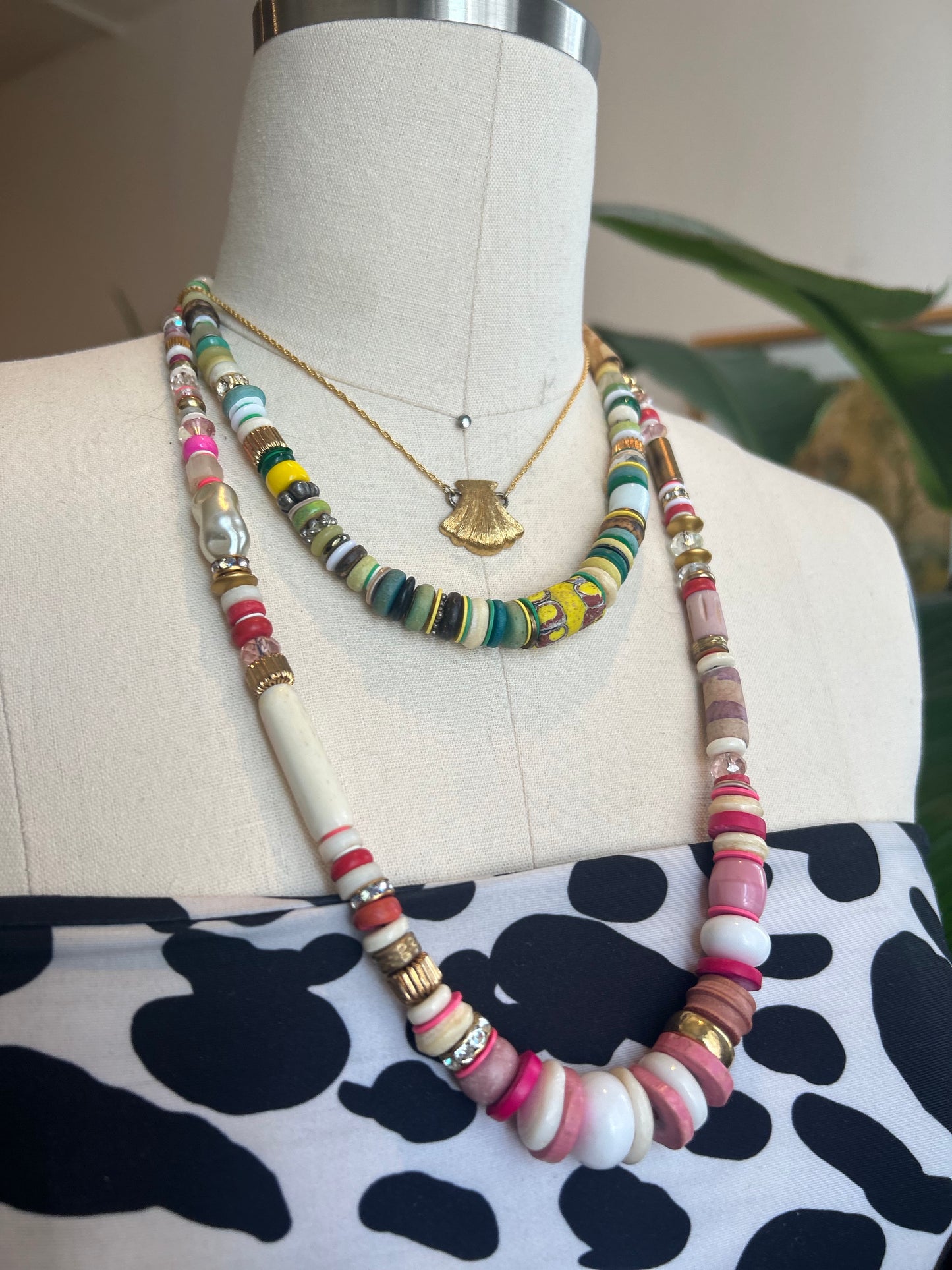 Pink on Pink on White on Gold Beaded Necklace