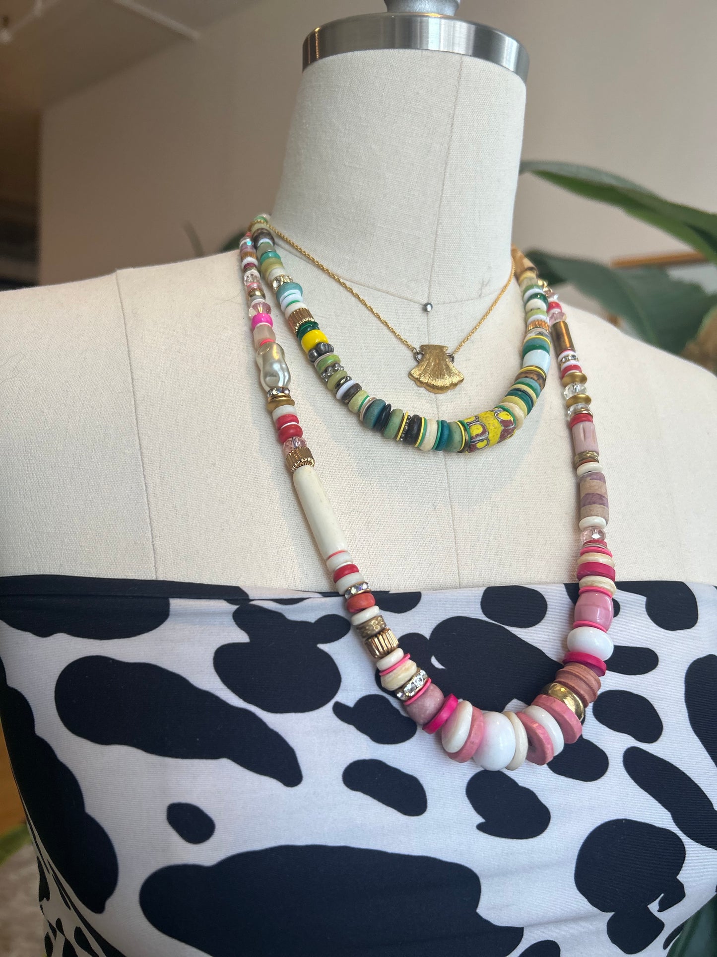 Pink on Pink on White on Gold Beaded Necklace