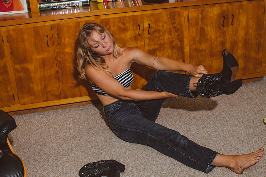 PORTER Bandeau Black and White Striped Tie Top