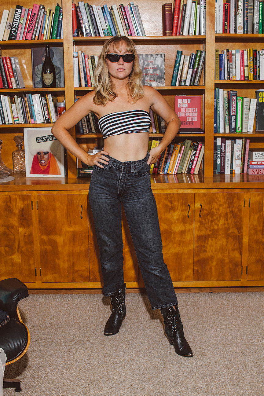 PORTER Bandeau Black and White Striped Tie Top