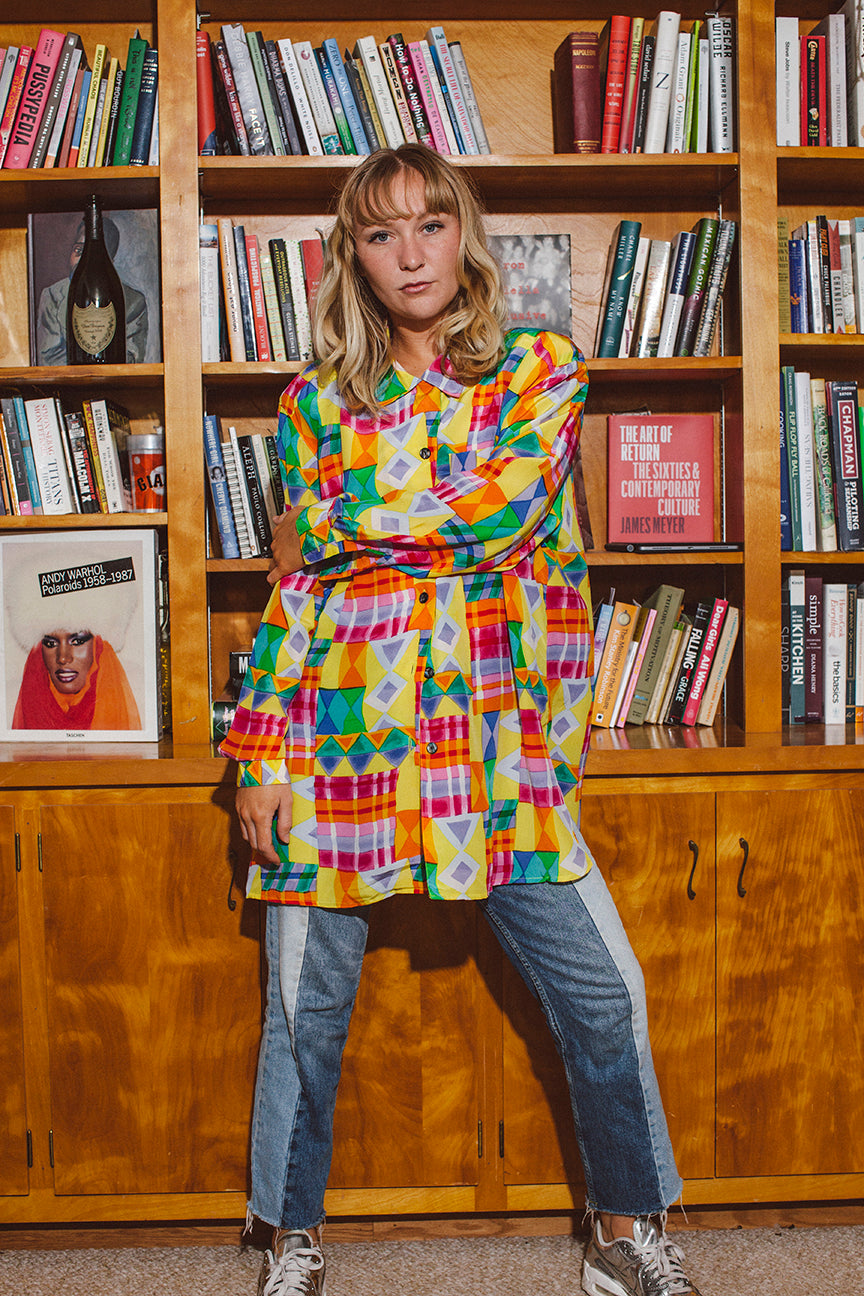PORTER Geometic Strikingly Colorful 100% Silk Blouse