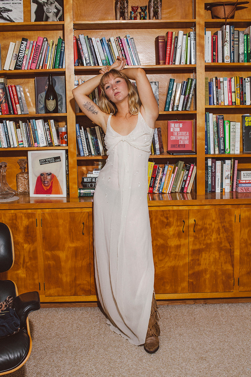 PORTER Creamy Beaded with Slit Dress