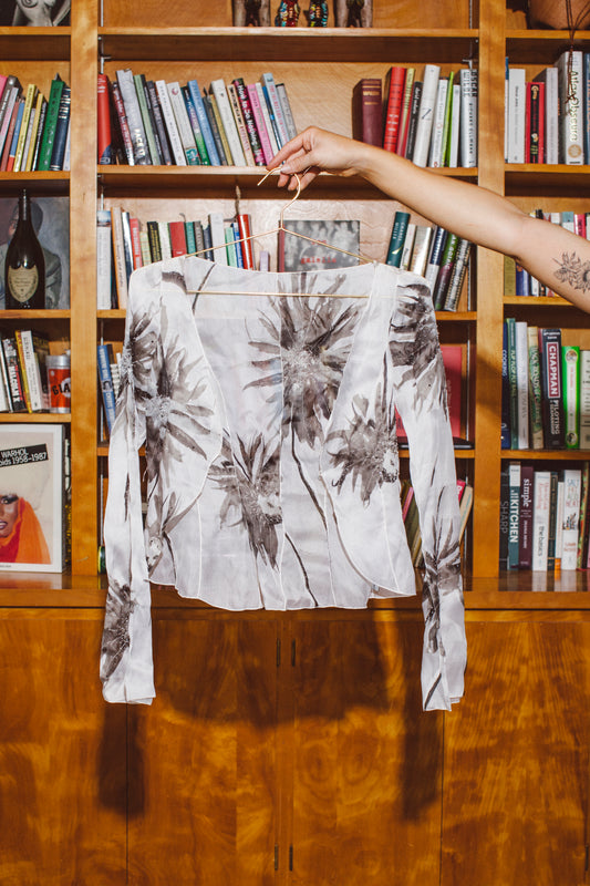 PORTER Silk Floral Beaded Long Bell Sleeved Open Top