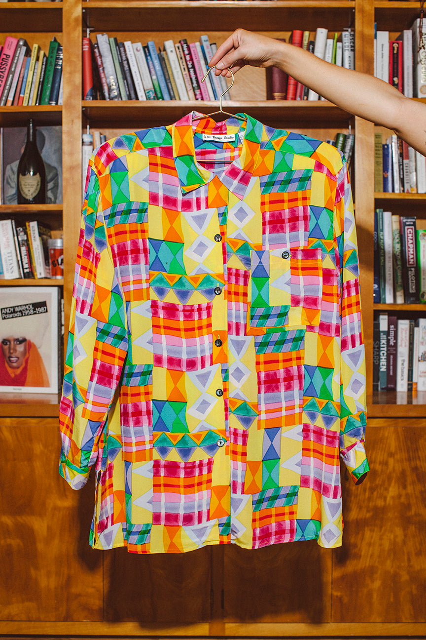 PORTER Geometic Strikingly Colorful 100% Silk Blouse