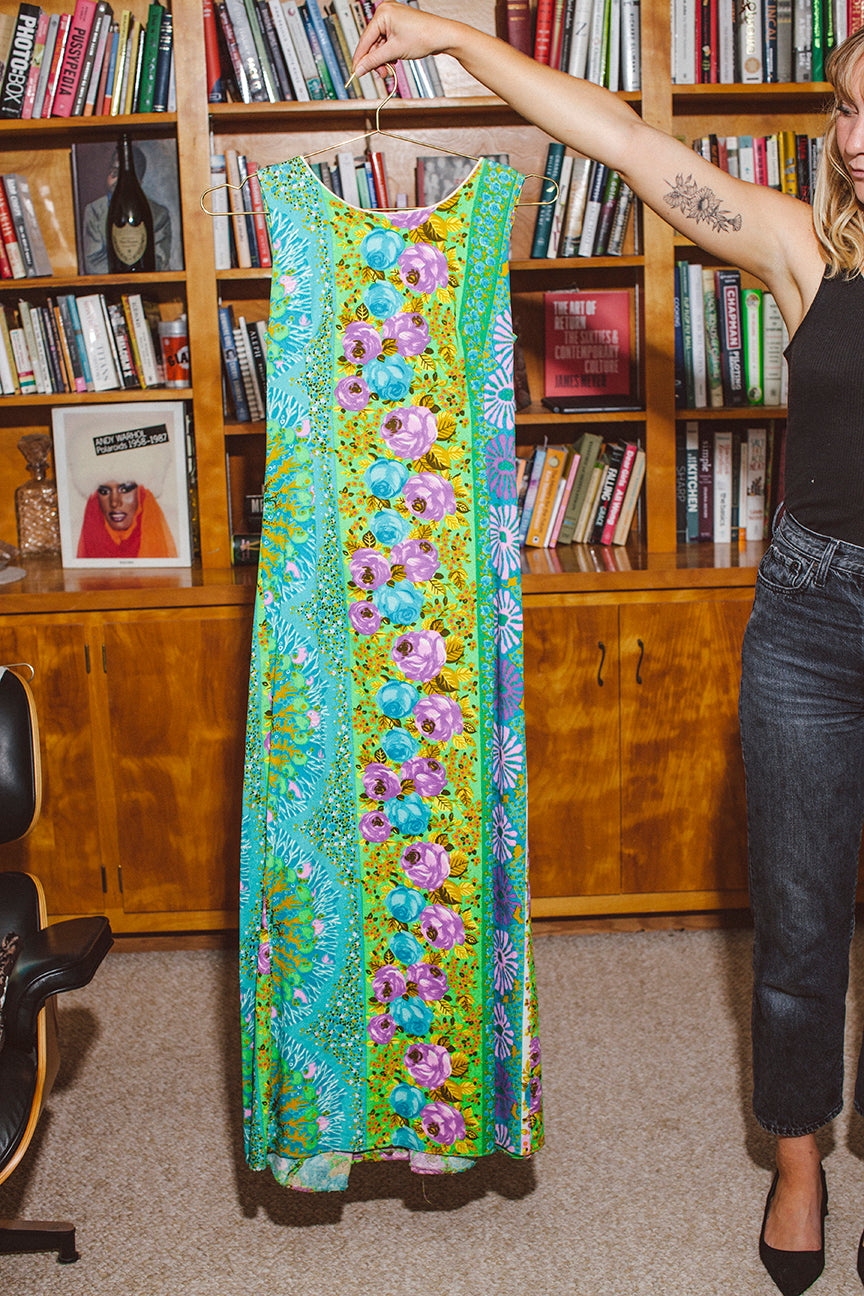PORTER Rare Blues, Purples and Yellows Floral Dress with a Train