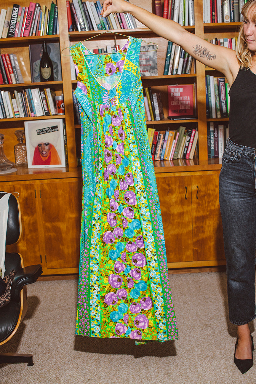 PORTER Rare Blues, Purples and Yellows Floral Dress with a Train