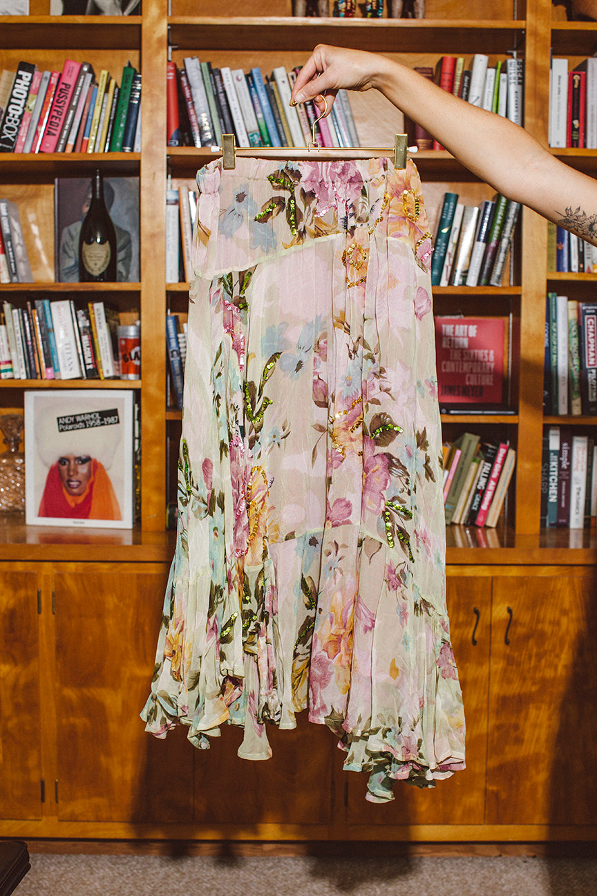 PORTER Y2K Floral Pink Blue and Green Sequined Midi Skirt