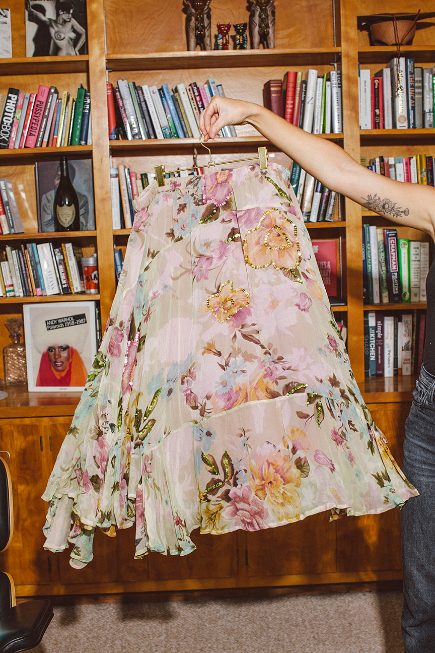 PORTER Y2K Floral Pink Blue and Green Sequined Midi Skirt