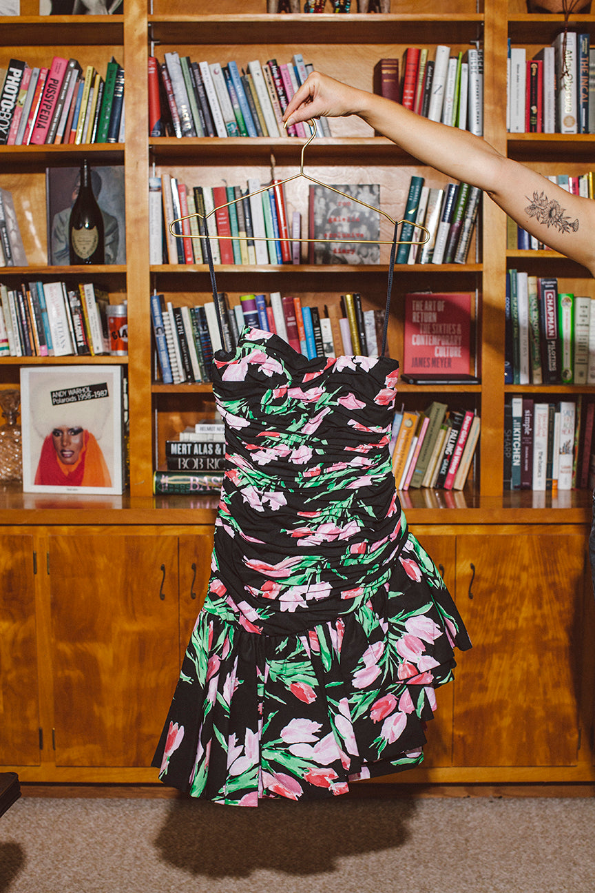 PORTER Collectable Black and Pink Floral Corset Dress by Victor Costa