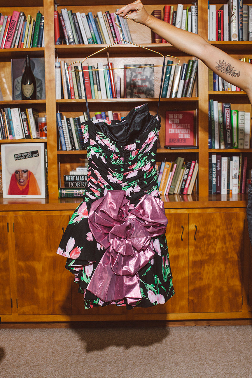 PORTER Collectable Black and Pink Floral Corset Dress by Victor Costa