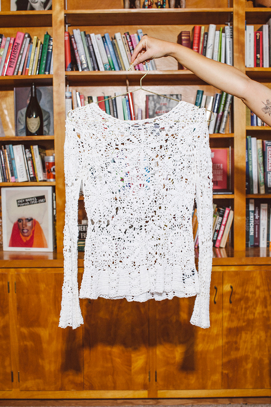PORTER White Crochet Style Long Sleeve Top
