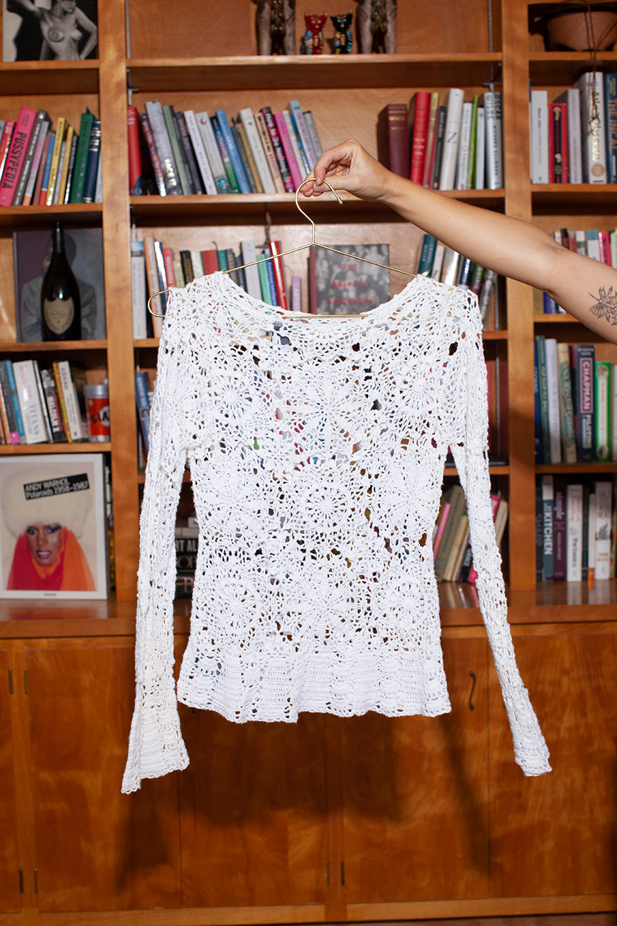 PORTER White Crochet Style Long Sleeve Top