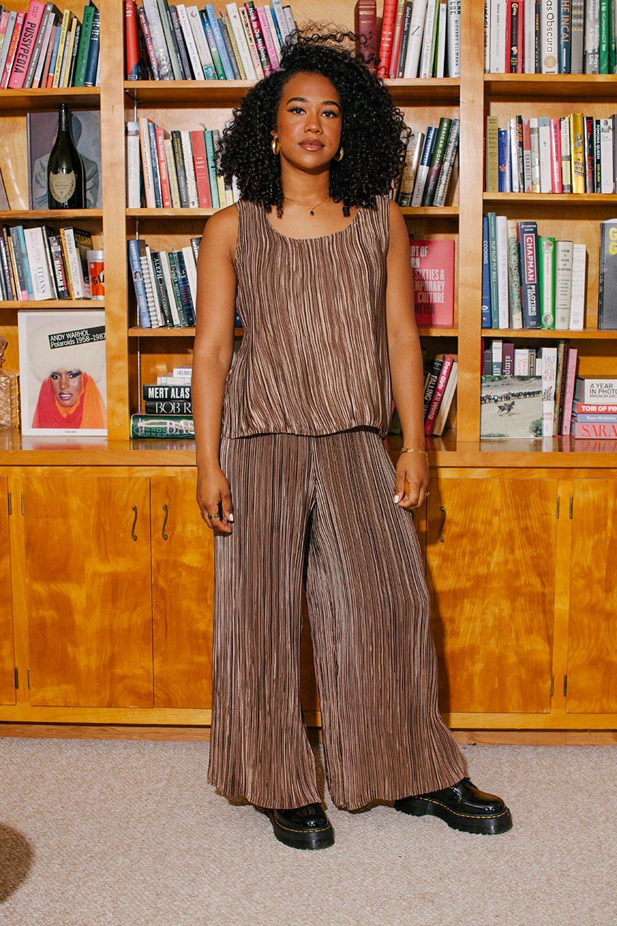 PORTER Matching Set - Chocolate Tank and Pants Pleated Set