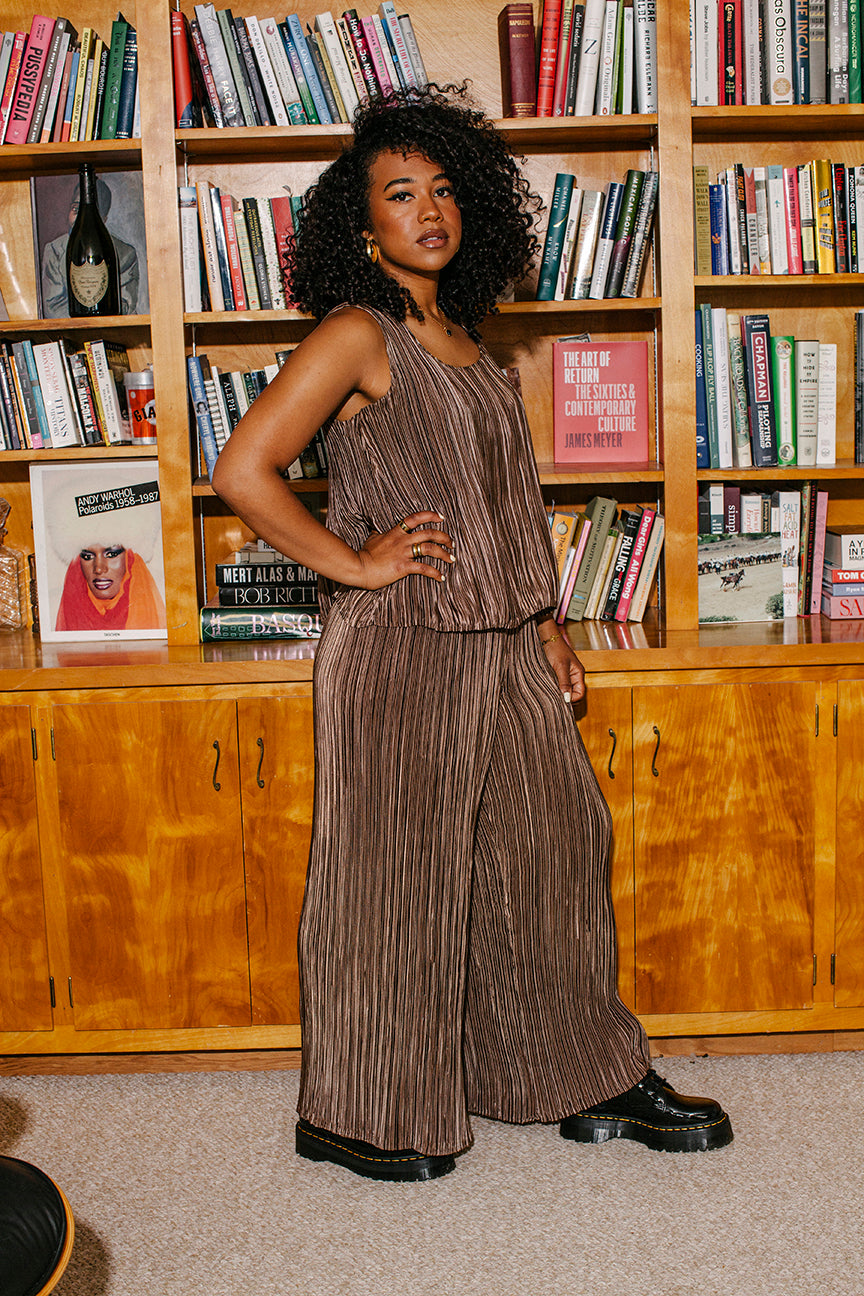 PORTER Matching Set - Chocolate Tank and Pants Pleated Set