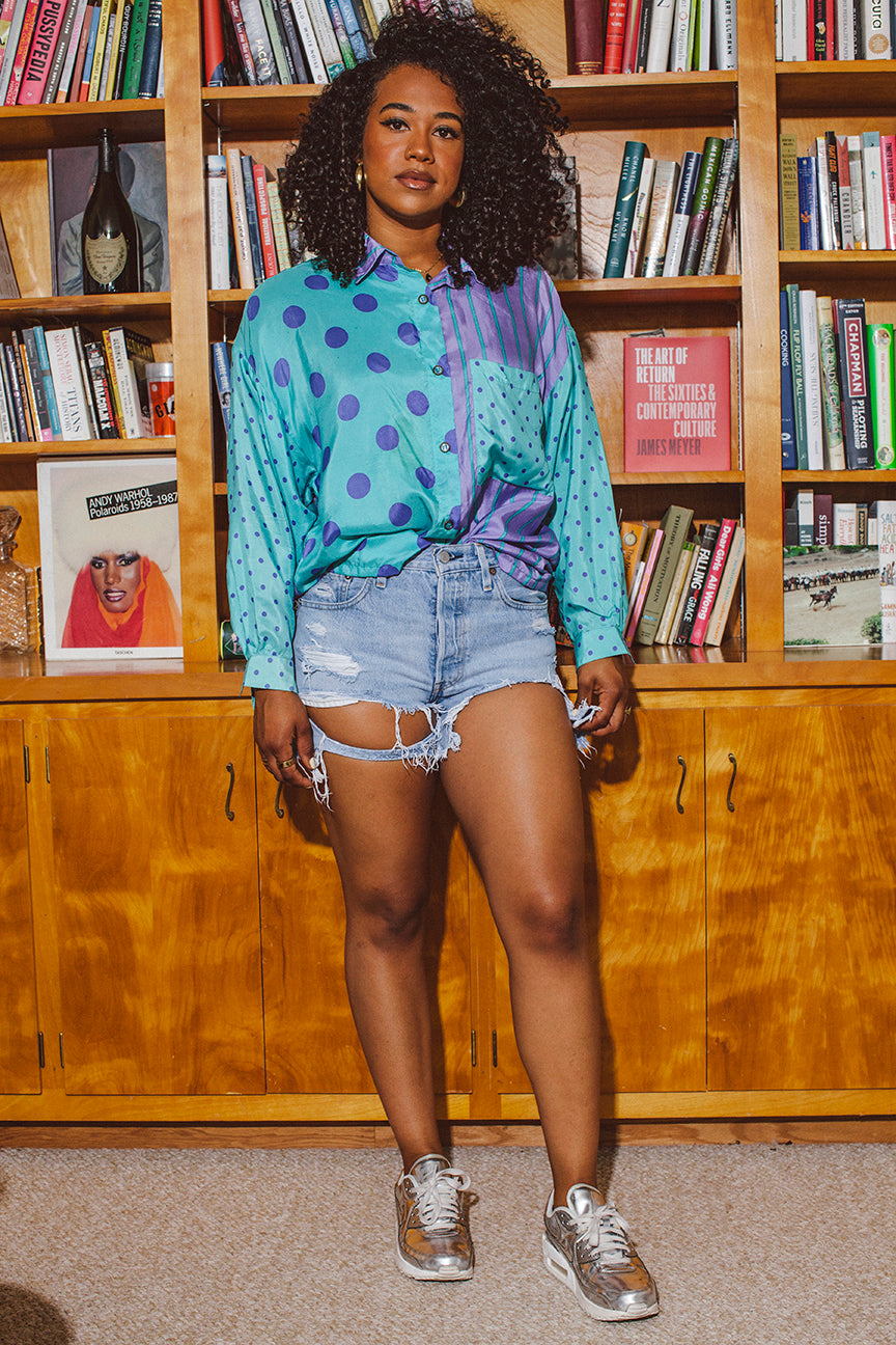 PORTER Silk Light Blue and Purple Long Sleeve Button up Shirt