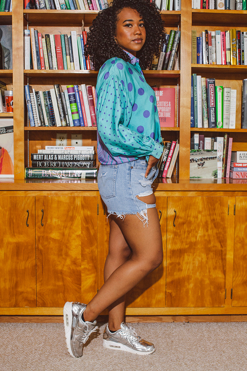 PORTER Silk Light Blue and Purple Long Sleeve Button up Shirt