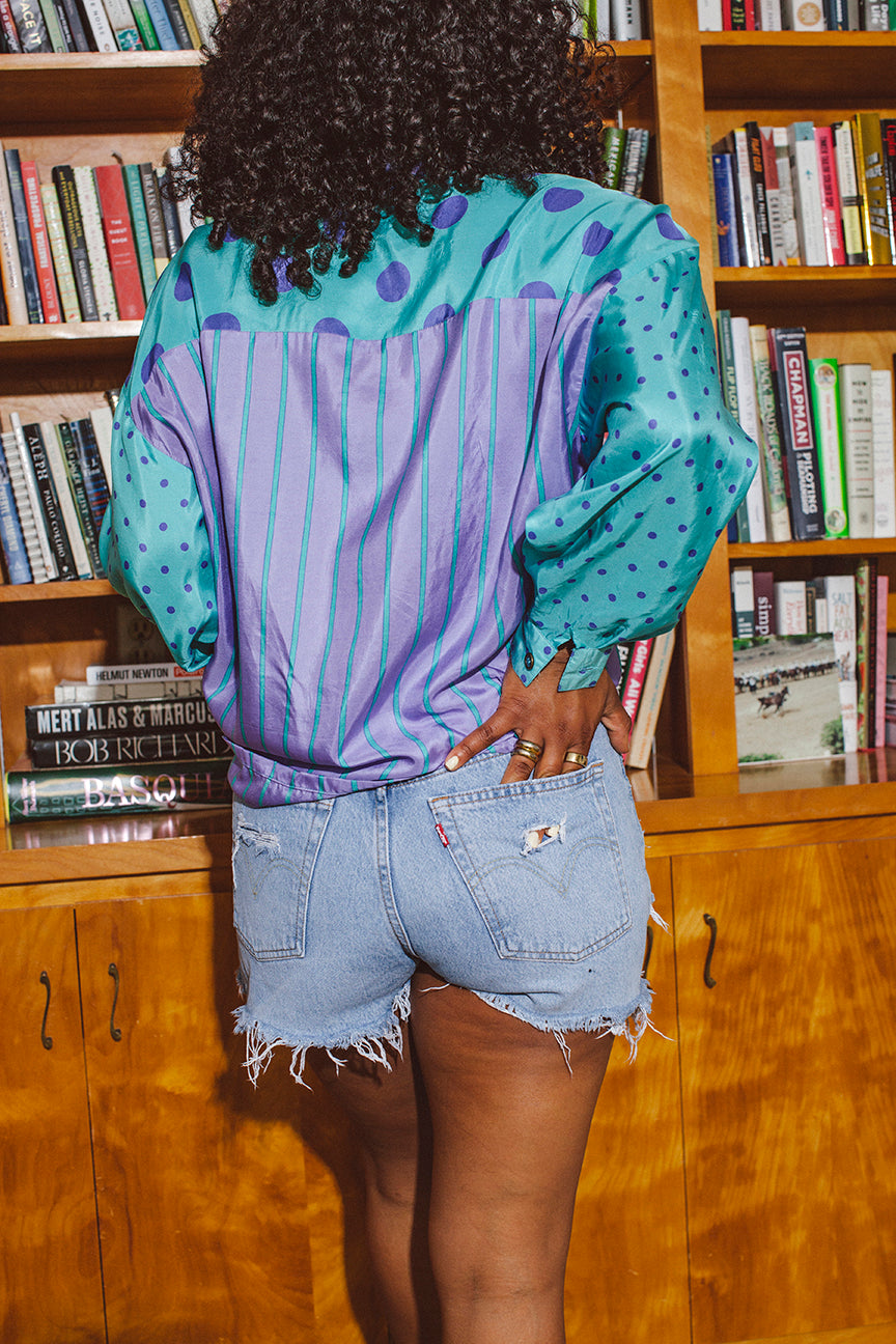 PORTER Silk Light Blue and Purple Long Sleeve Button up Shirt