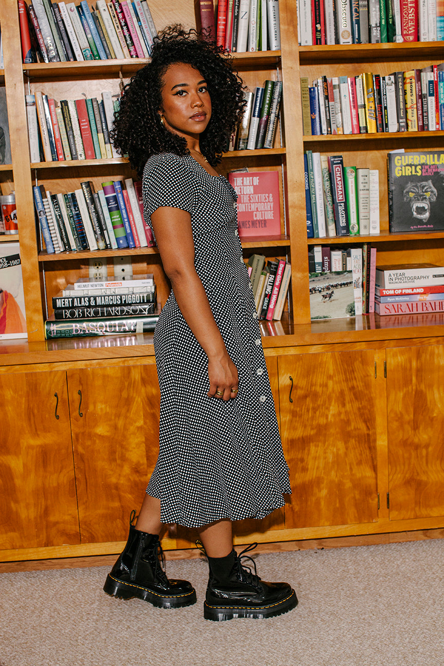 PORTER Black and White Polka Dot Button Up Flowy Midi Dress