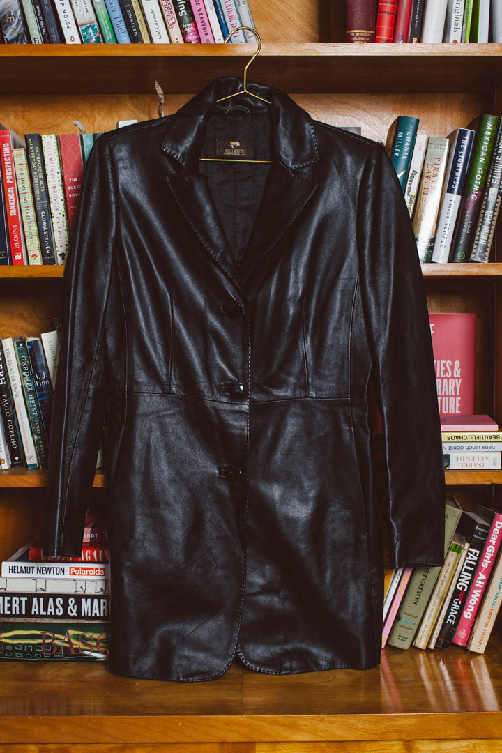 PORTER Midnight Black Open Stitch Leather Trench Size IT 40