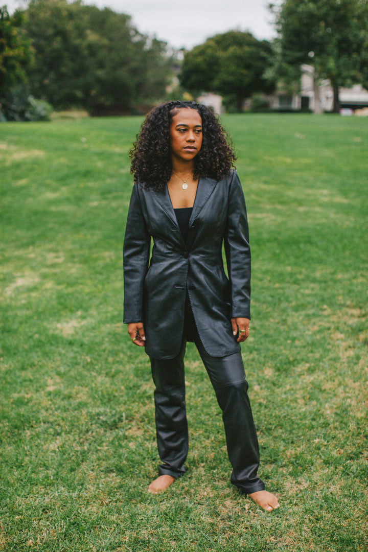 PORTER Midnight Black Open Stitch Leather Trench Size IT 40