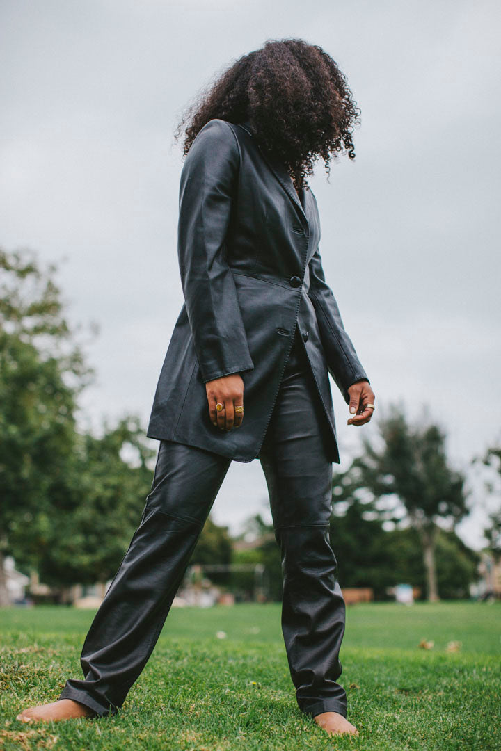 PORTER Midnight Black Open Stitch Leather Trench Size IT 40