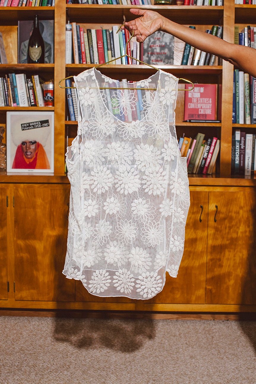 PORTER Sheer Embroidery White Tank Top