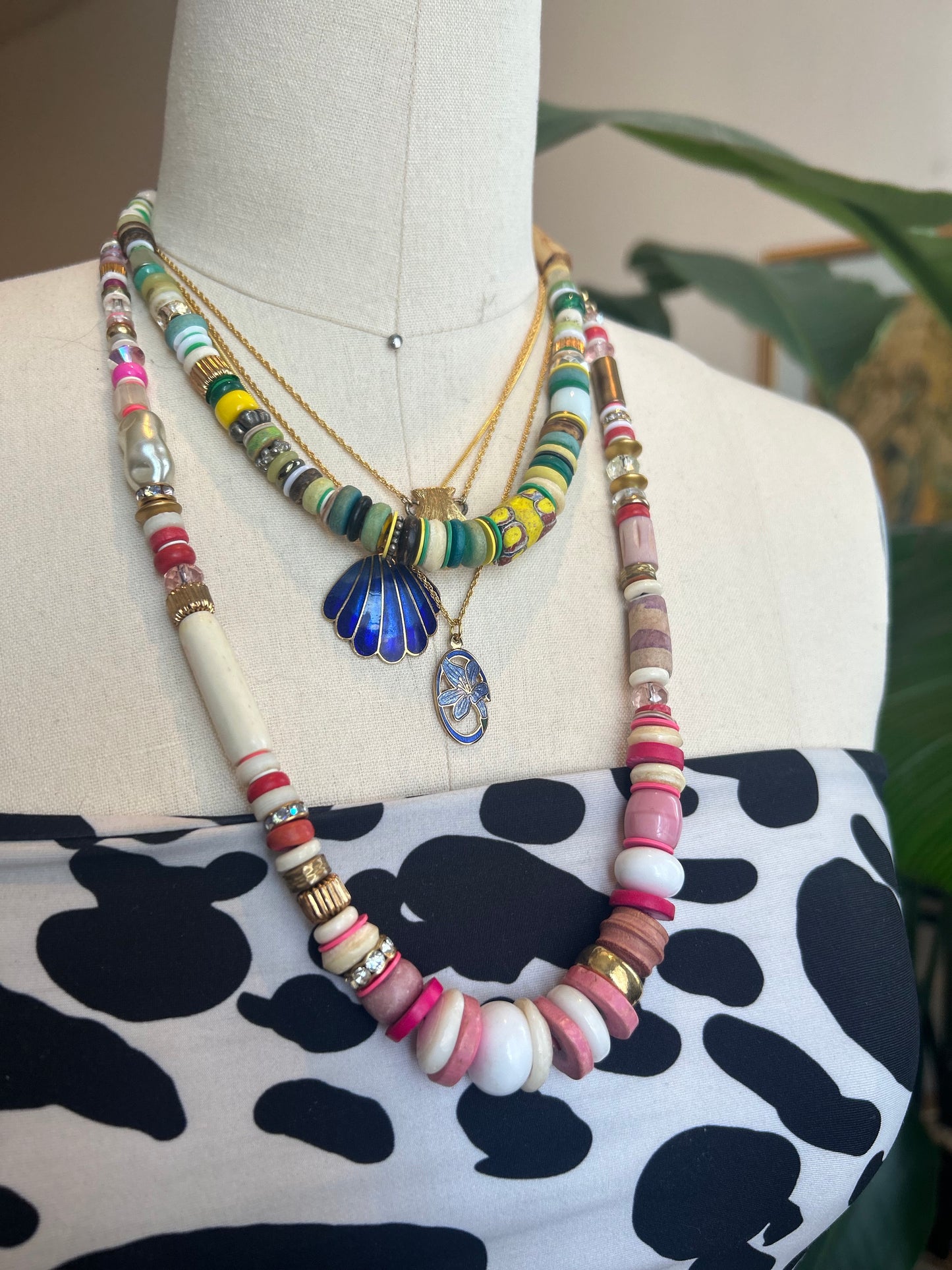 Pink on Pink on White on Gold Beaded Necklace