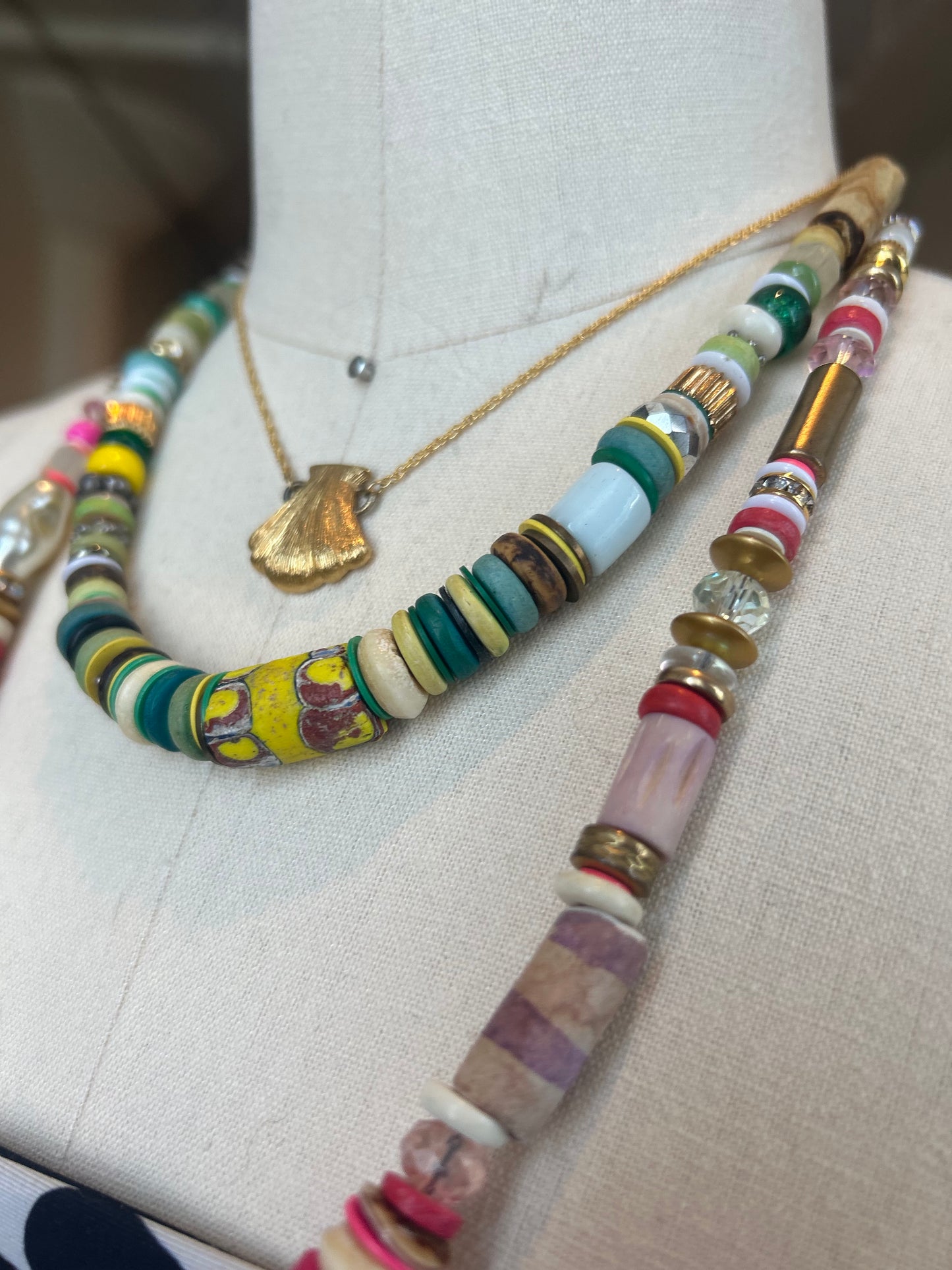 Pink on Pink on White on Gold Beaded Necklace