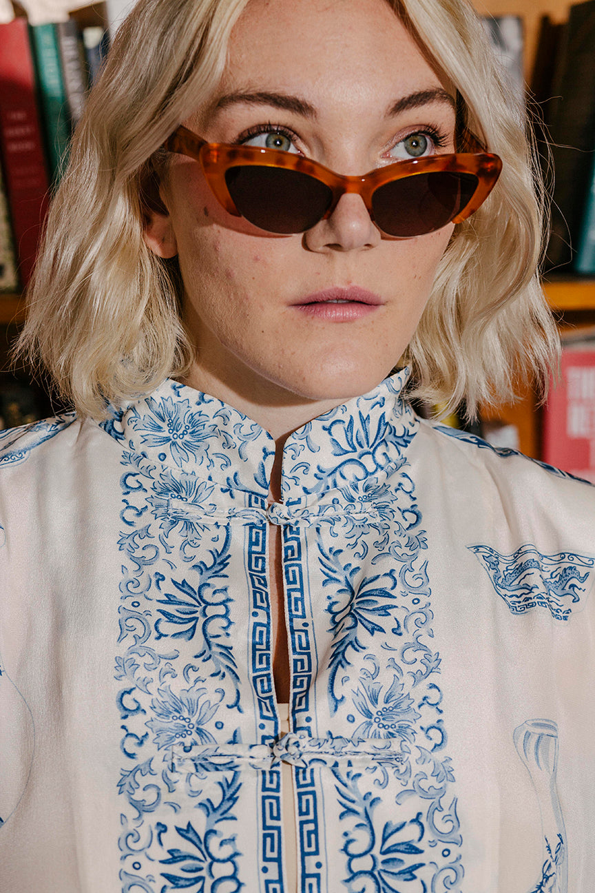 PORTER White and Blue 100% Silk Asian Art Inspired Blouse