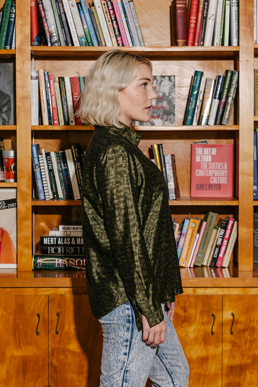 PORTER Crocodile Green Button Up 100% SIlk Blouse