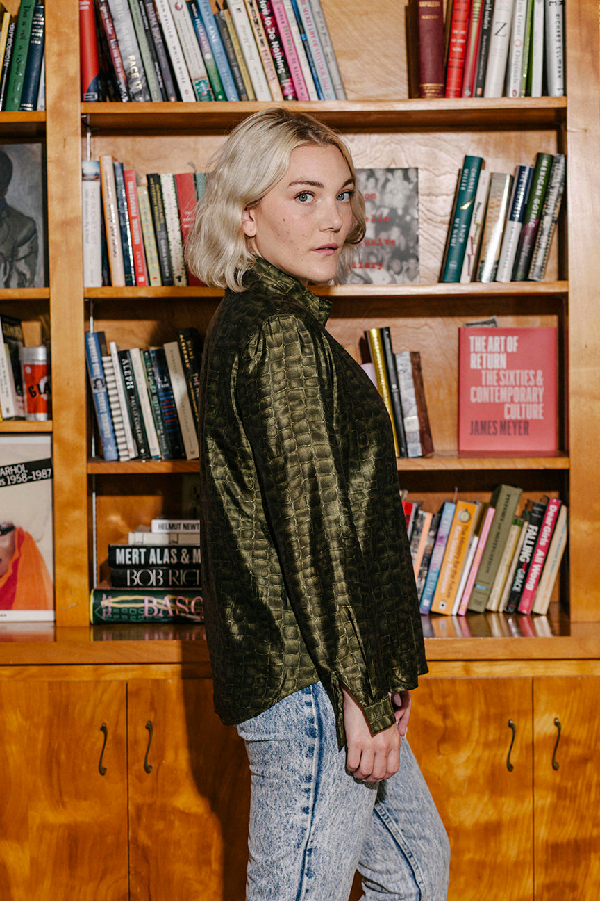 PORTER Crocodile Green Button Up 100% SIlk Blouse