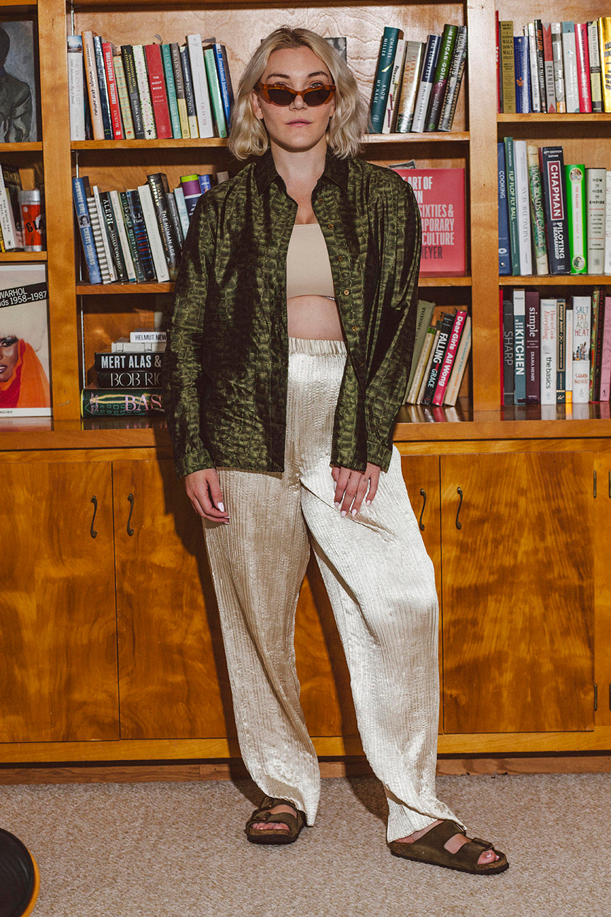 PORTER Crocodile Green Button Up 100% SIlk Blouse