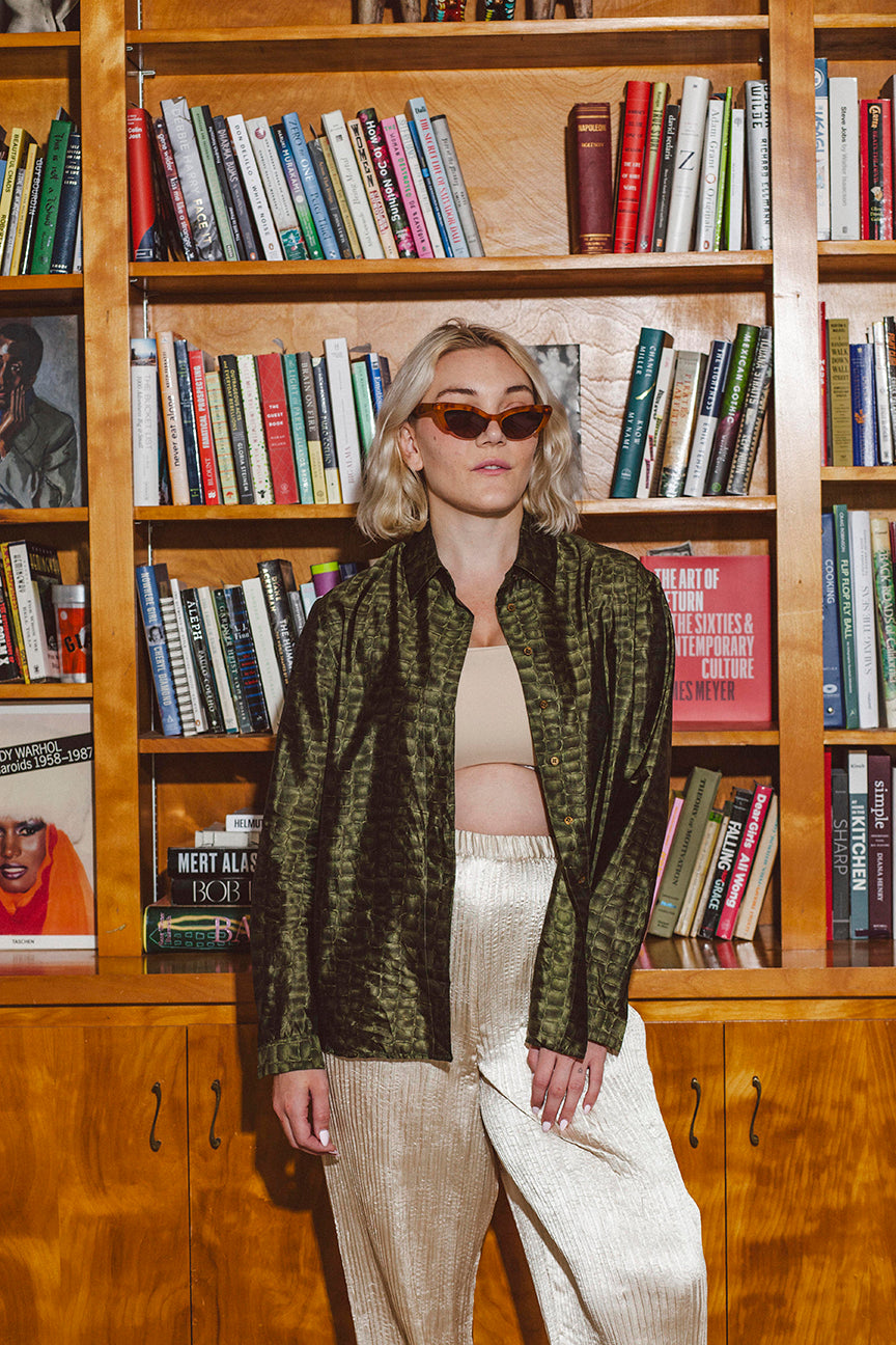 PORTER Crocodile Green Button Up 100% SIlk Blouse