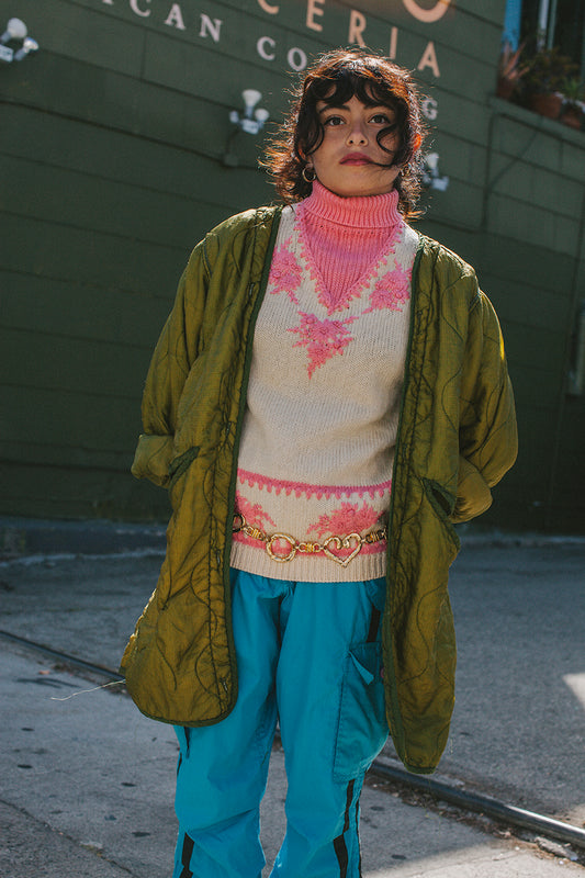 PORTER Cream and Pink 70's Half Zip Glam Sweater Tag size L