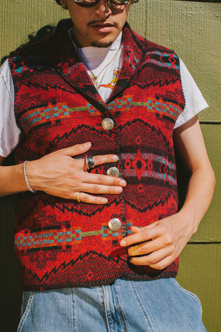 PORTER Navajo Style Wool Acrylic vest with Silver Button