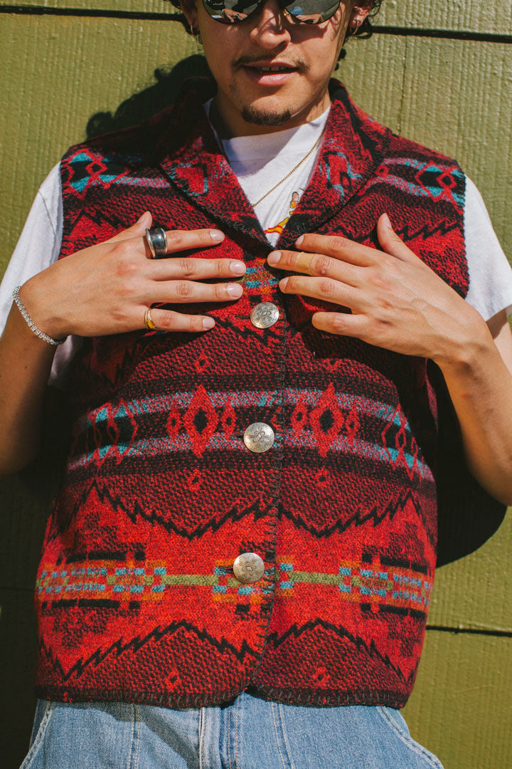 PORTER Navajo Style Wool Acrylic vest with Silver Button
