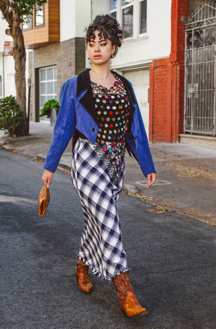 PORTER Electric Blue Suede Cropped Leather Jacket with Fringe size S-M