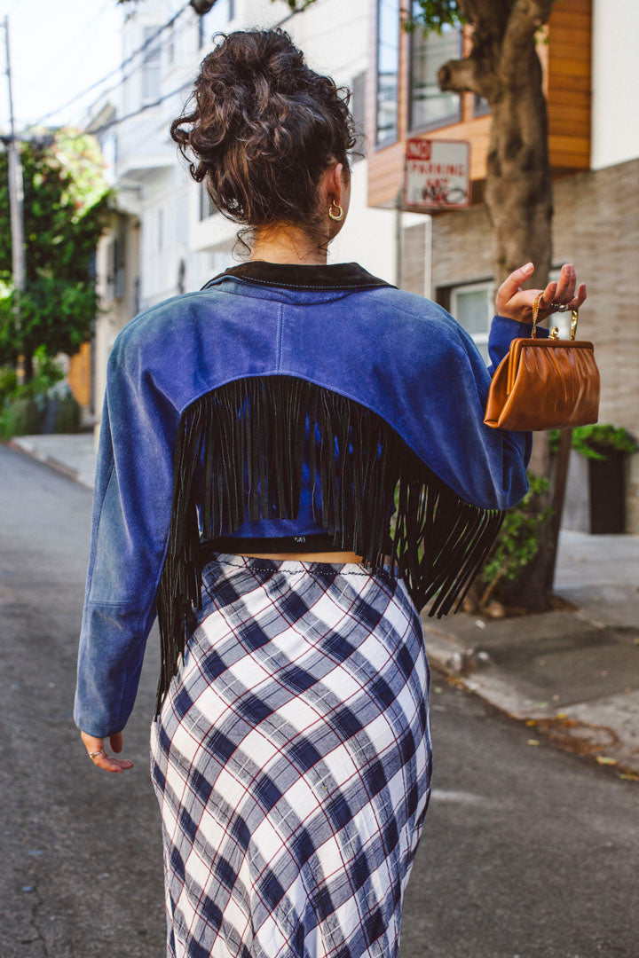 PORTER Electric Blue Suede Cropped Leather Jacket with Fringe size S-M