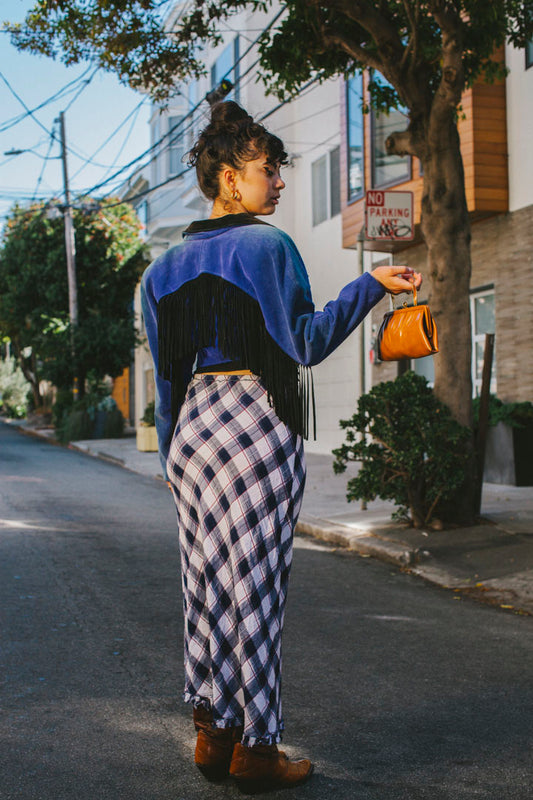 PORTER Electric Blue Suede Cropped Leather Jacket with Fringe size S-M