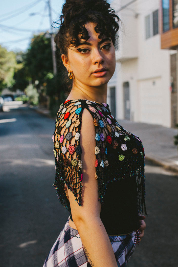 PORTER Collectable Hand Crotchet Beaded Shawl Color Burst size s-m