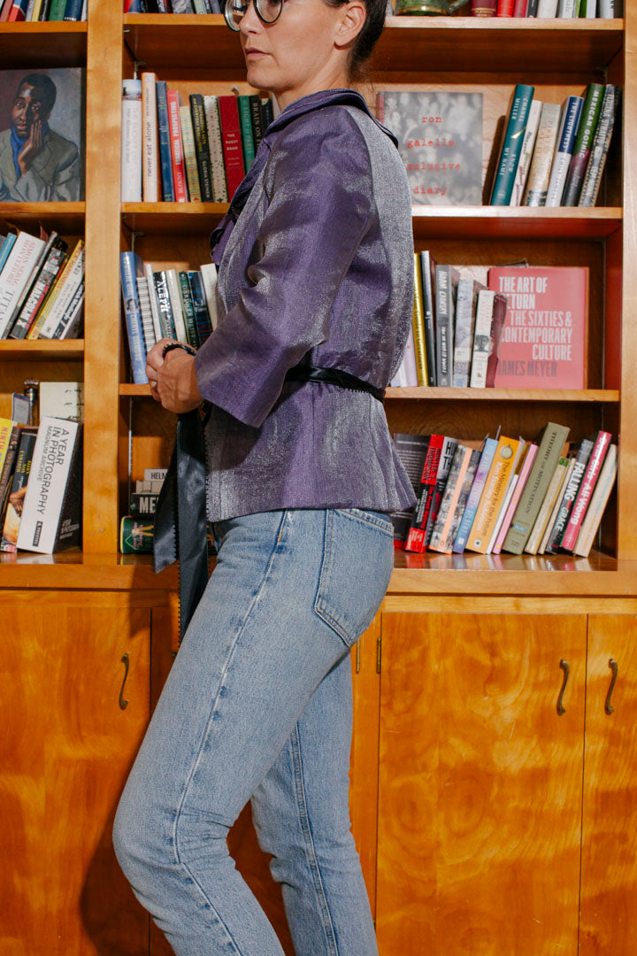 PORTER Silk Organza Purple Metallic Ruffled Top Jacket with Black Ribbon Tie waist size 10