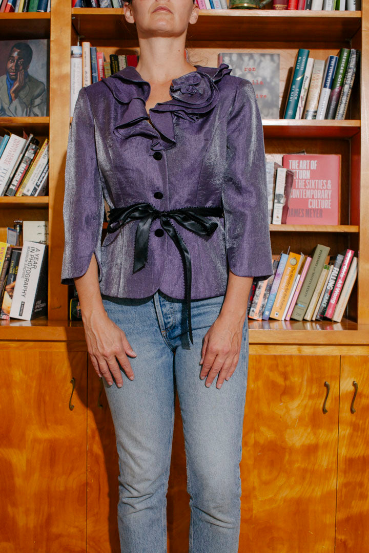 PORTER Silk Organza Purple Metallic Ruffled Top Jacket with Black Ribbon Tie waist size 10