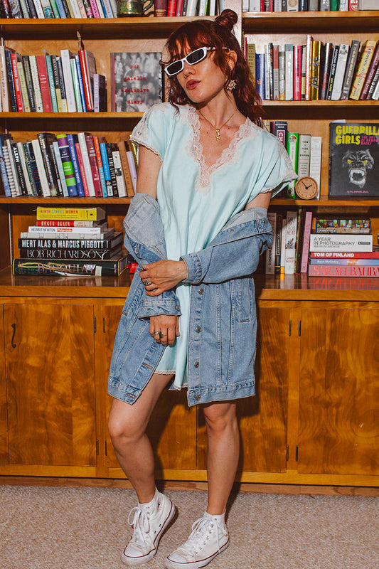 PORTER Blue Silky with White Lace Trim Slip Dress